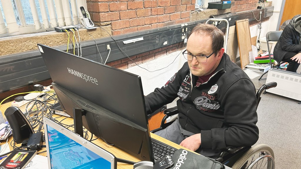 Jonathan Knowles is another presenter and volunteer at Phoenix. He co-hosts a day time show, and is seen here preparing playlists and running orders. 