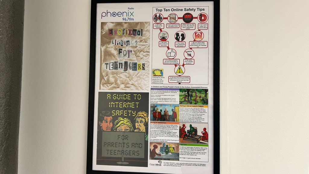 A poster outside Phoenix's new studio, detailing a project they did for an internet safety campaign. There are steps for how to remain safe, and how parents can be involved, too. 